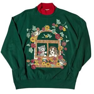 Vintage Puppy Dog Kitten Cat Flowers Granny Sweater Cottage Green Red Large 90’s